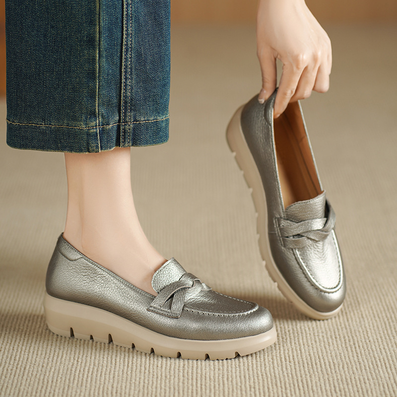 Great to Wear French Deep-Mouthed Flats for Women in Spring and Autum Thick-Soled Round-Toe Medium-Heeled Flats-Soled Genuine Leather Wedge-Heeled Pure Color Loafers