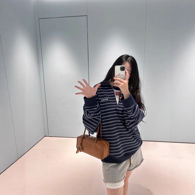 m iu半拉链卫衣条纹polo衫女25早秋7月新品复古立领套头长袖卫衣|undefined