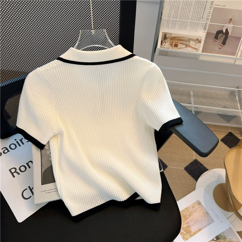 Вязаная летняя короткая футболка, стиль Chanel, поло-ворот, с коротким рукавом, высокая талия