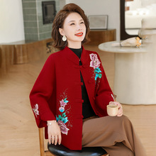 中老年大码喜婆婆婚宴外套礼服胖mm秋冬装高端羊毛呢子刺绣女大衣