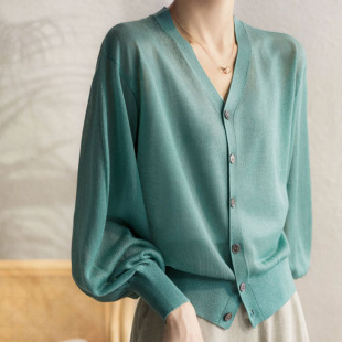 Summer Light and Breathable Knitted Cardigan Women's Sun Protection Shirt V Neck Long-Sleeved Pure Color Elegant Casual Jacket Women's Wholesale Trend