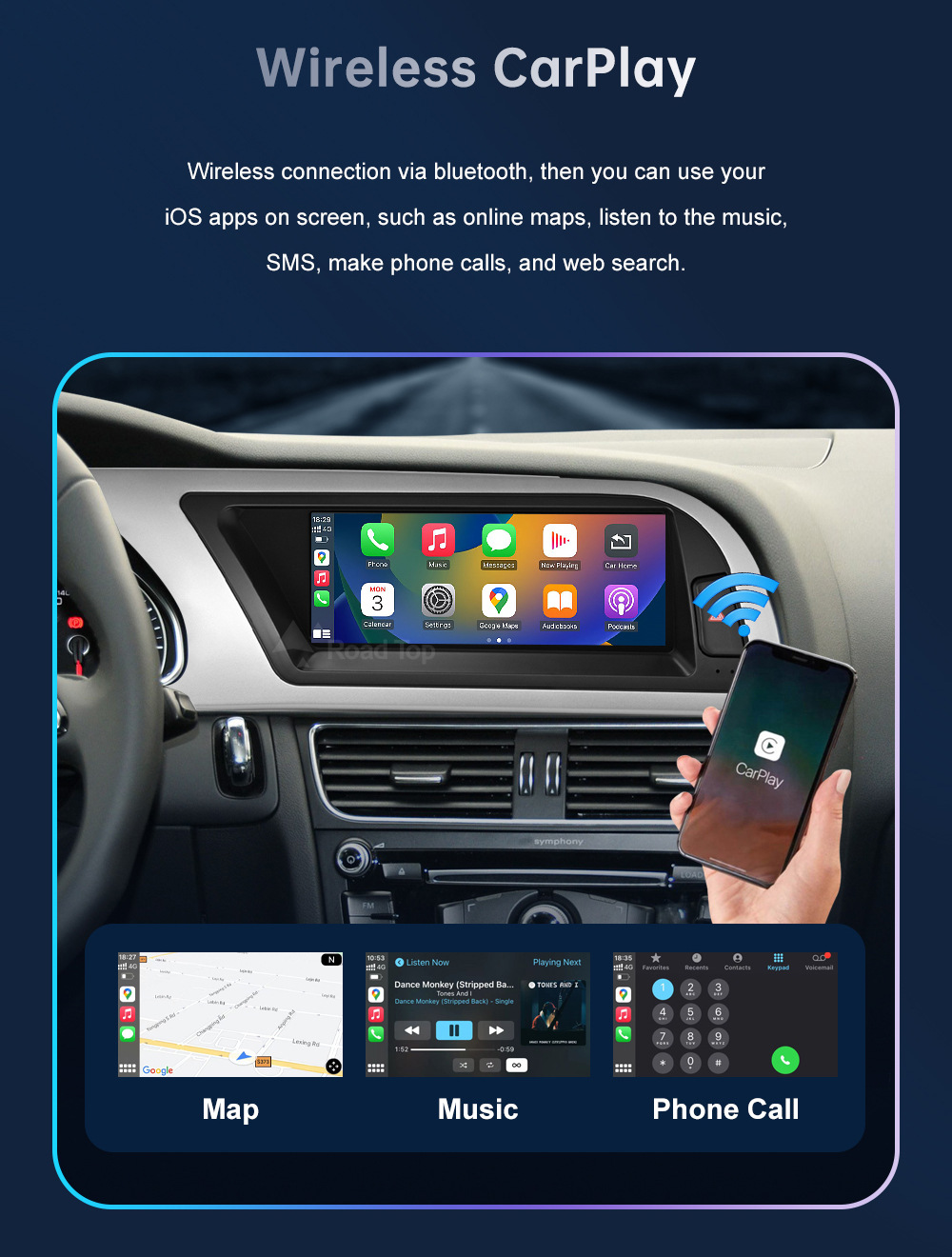 8.9 inch wireless CarPlay display for A4 A5 2009-2012 radio player