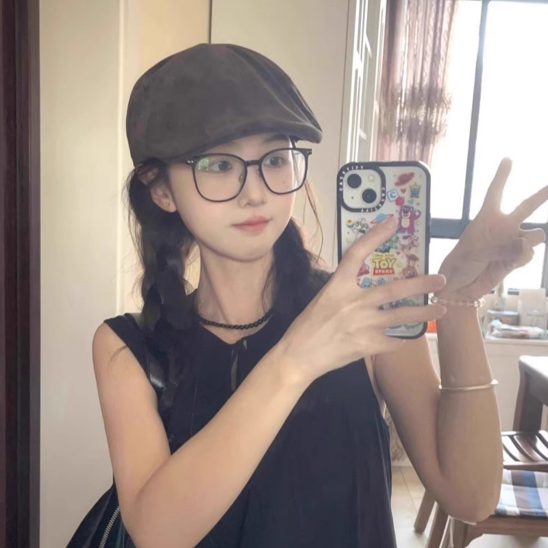 2025新款麂皮绒前进帽女英伦风复古大头围贝雷帽小众百搭画家帽子|undefined