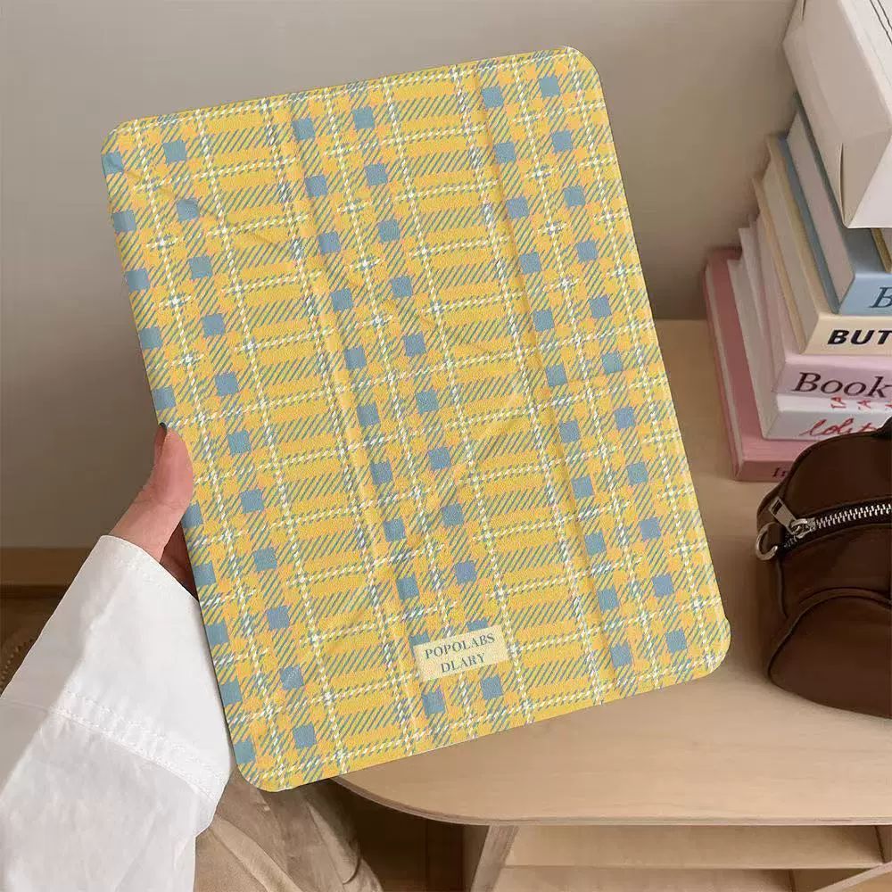 Yellow Plaid Ipady Foldable Tablet Protective Case Cartoon Cute Suitable for Air11M3/A16/10Th/Air1
