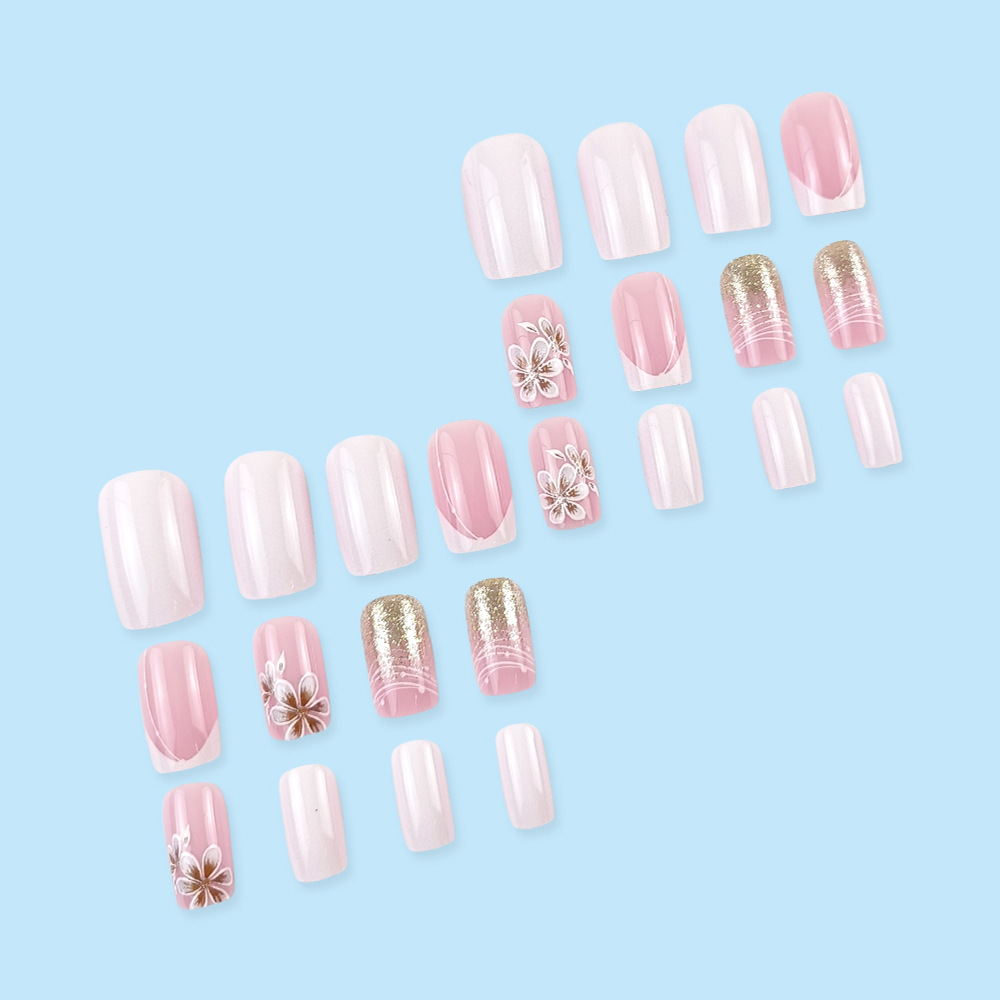 Juego de 24 piezas de uñas postizas largas blancas de gran venta, delicadas pegatinas florales para uñas, uñas postizas largas y brillantes. image 5
