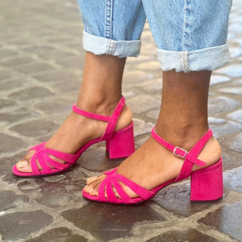 2026 Summer Fashion High-Heeled Shoes 40-43 Large Size Chunky Heel Elegant Matching Dress Suede Buckle Sandals