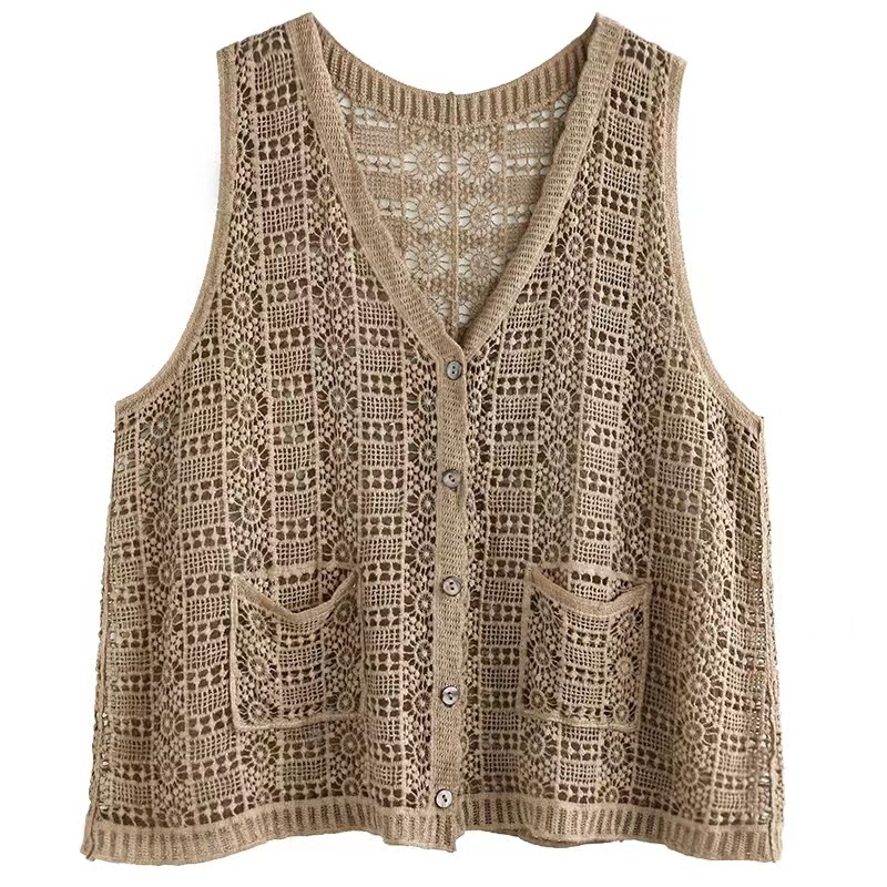 Hollow-out de punto cardigan chaleco verano de las mujeres casual moda artística retro suelta desgaste exterior Polka Dot malla superior chaleco image 7