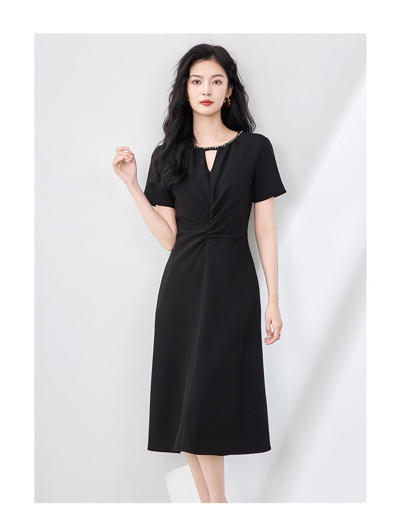 Váy đính cườm quý cô tay ngắn xếp ly eo cao — Màu đen chi tiết 7