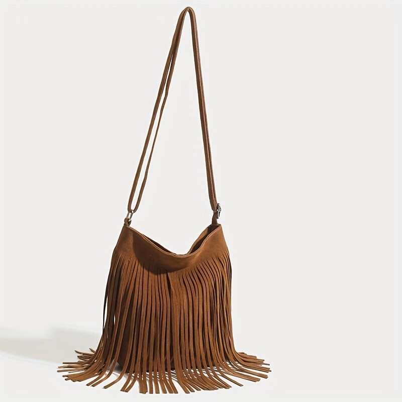 Hot Selling Brown Retro Western Denim Fringed Saddle Bag Bohemian Crossbody Shoulder Bag