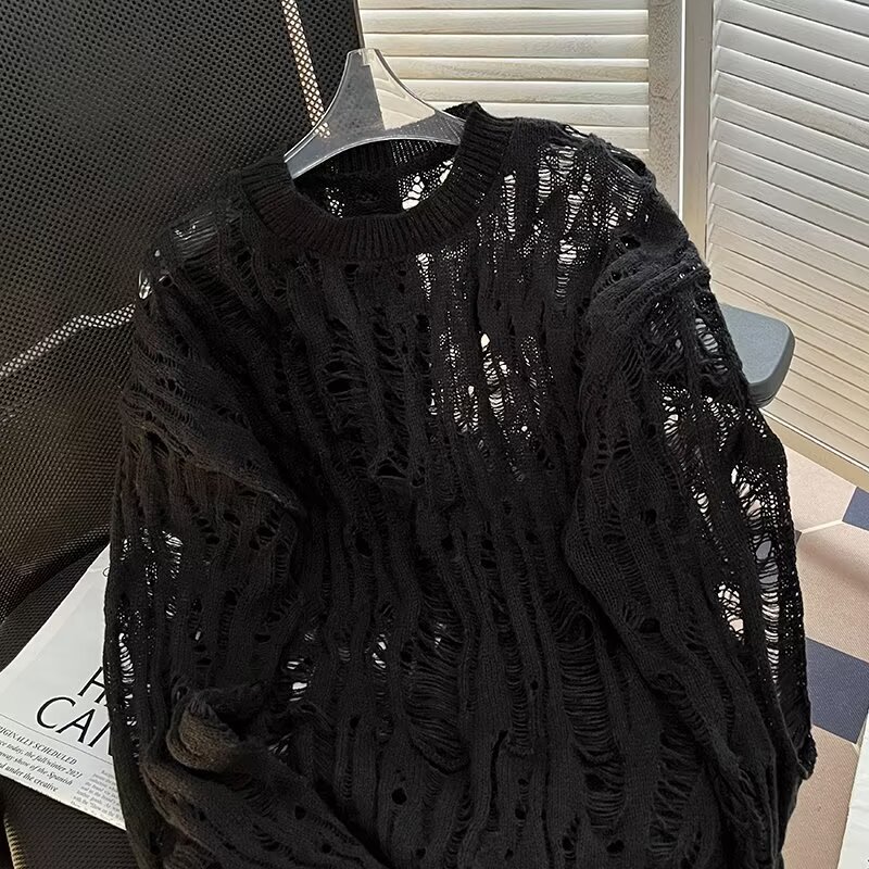 Übergroßer, lässiger Strickpullover für Herren mit einzigartigem Cut-Out-Design. Lockere Passform, lange Ärmel, bequemer Pullover für den Alltag (mehrere Farben)_voghion.com