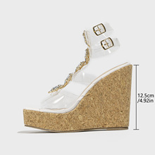 现货款—外贸13CM坡跟高跟凉鞋防水台松糕底透明鱼嘴夜店性格拖鞋