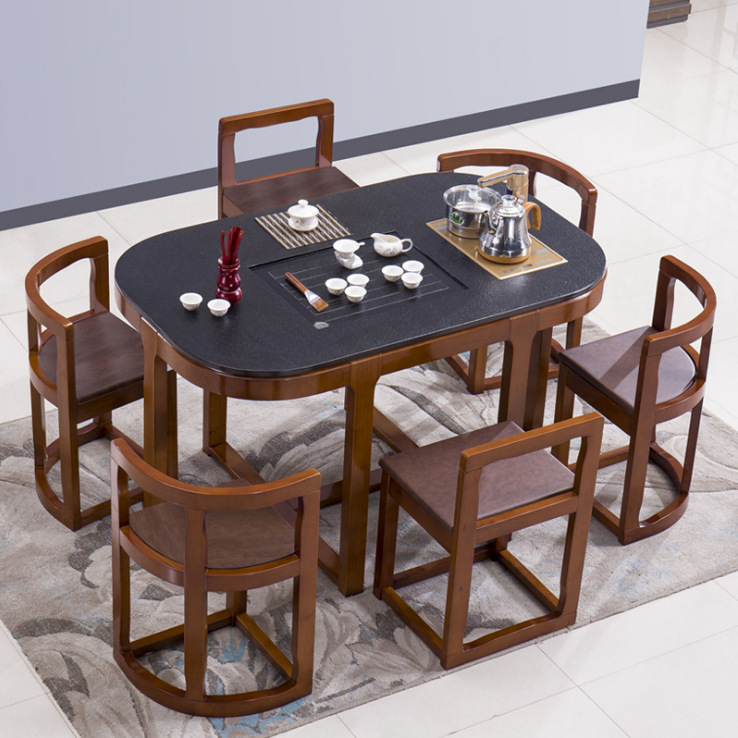 新中式实木茶桌椅组合现代简约火烧石茶台办公室功能茶桌茶几茶艺