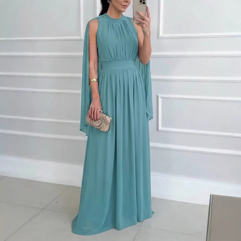 European and American Style Women's Round Neck Sleeveless Chiffon Long Dress with Shawl, Waist-Cinching Pleats, Formal Evening Gown European and American Style Women's Round Neck Sleeveless Chiffon Long Dress with Shawl, Waist-Cinching Pleats, Formal Evening Gown