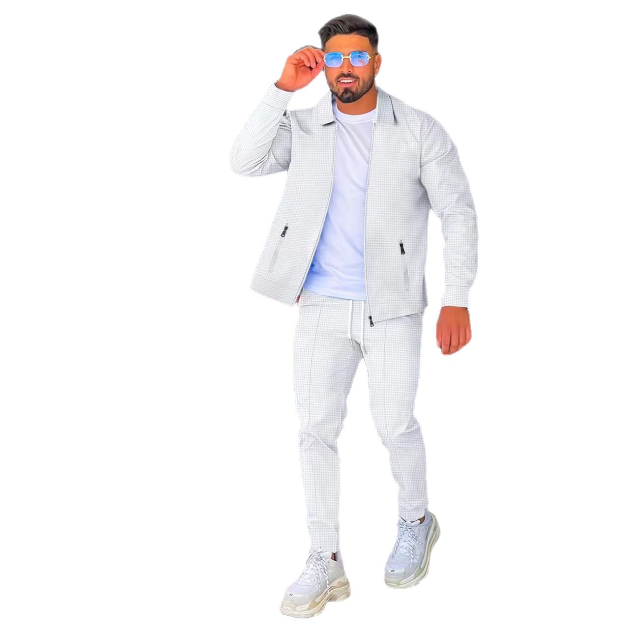 Men's Waffle Solid Color Lapel Casual Outdoor Jacket And Trousers Set Long Sleeved Elegant Basic Polyester Spring Summer Autumn_voghion.com