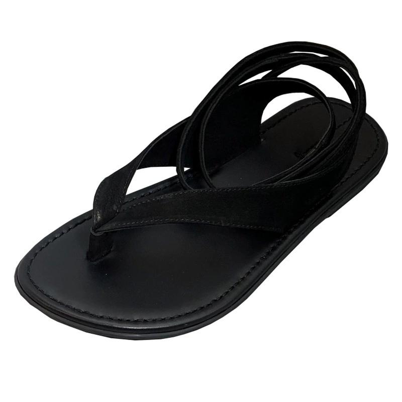 European station flat-sole wrapping belt Roman sandals the outside wear genuine leather open-toe clip flip-flops vacation sandals trend