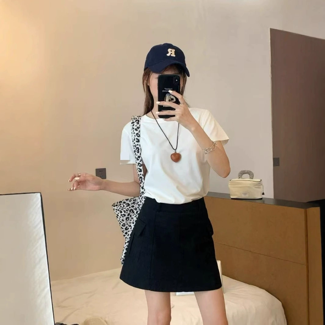 Корейский стиль, круглый вырез, правое плечо, короткий рукав, новая футболка 2025, облегающая, повседневная, универсальная, стройнящая, короткий топ