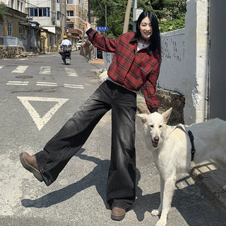 美式复古黑色阔腿牛仔裤女秋冬款2024新款高腰宽松慵懒直筒拖地裤
