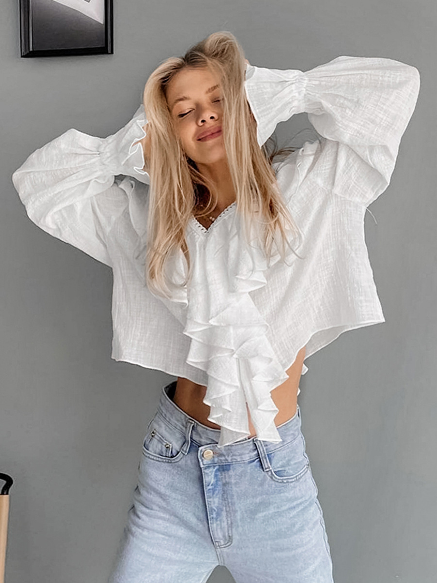 Camisa de mujer con cuello en V y bordes de loto, interior de algodón puro, diseño de otoño 2024