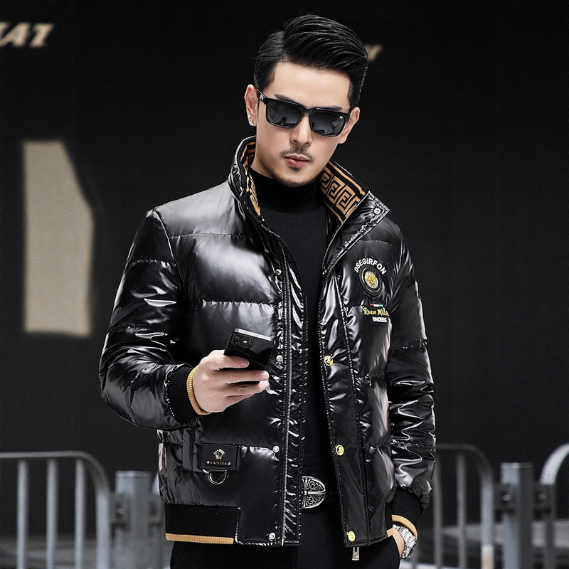 Trendy Men's Short down Jacket Winter New Stand Collar Shiny Heavy Sequin Embroidery Fashion Warm Coat Trendy