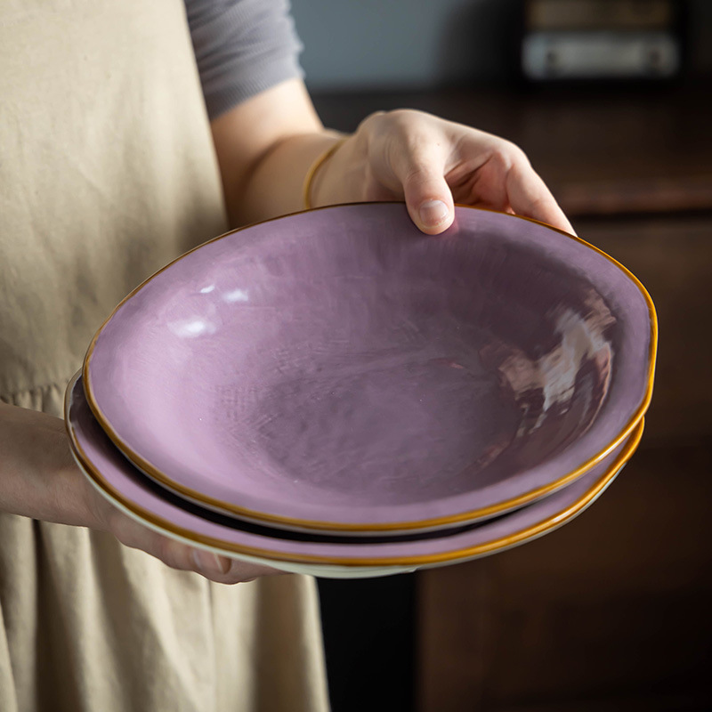 Plato grande de cerámica irregular, plato para carne al estilo occidental, plato para pasta, plato morado texturizado de estilo nórdico, vajilla para el hogar