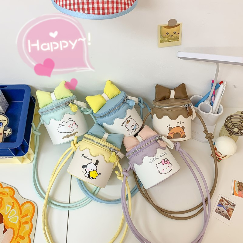 Korean-Style Macaron Multi-Color Bucket Coin Purse, Cute Bow-Knot Cat Crossbody Bag for Girls, Sweet Lipstick Bag