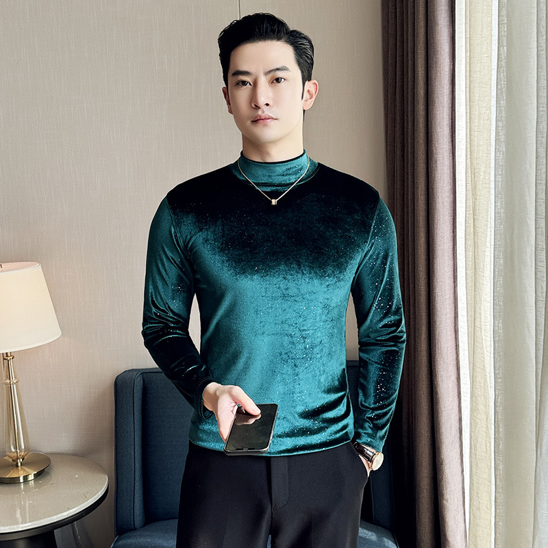 Fall/winter 2024 semi-high collar gold velvet long sleeve slim T-shirt men's fashion pullover fleece-lined collar solid color base shirt