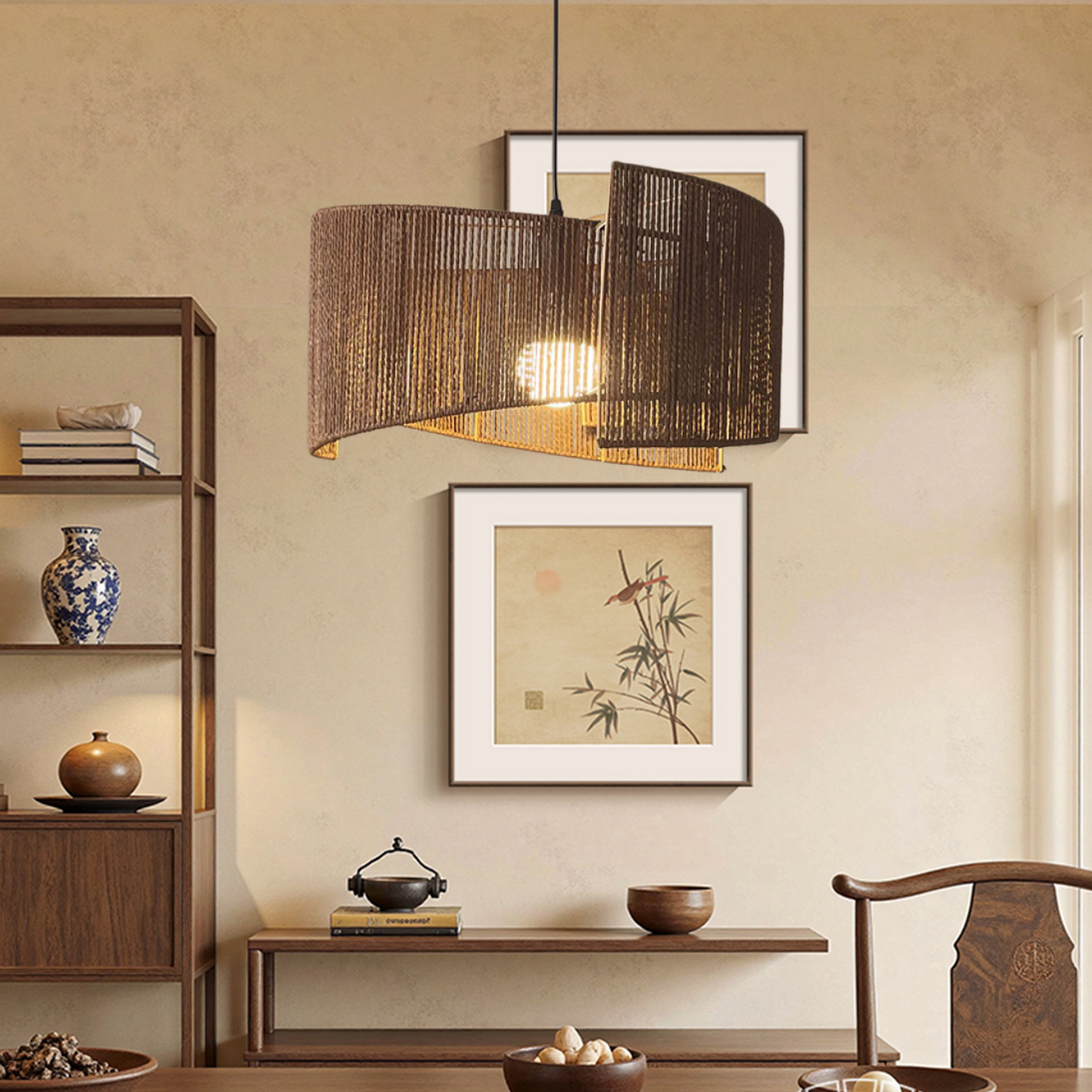 Hotel Residencial de Fengxian Hotel Comedor Zen Sala de estar Dormitorio Sala de té Cordilla de cáñamo hecha a mano nueva lámpara china