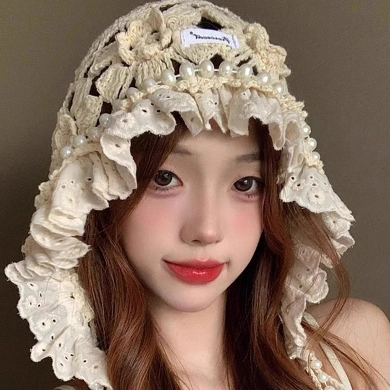 红色针织帽子女2025新款波西米亚风镂空花朵包头帽珍珠流苏套头帽|undefined