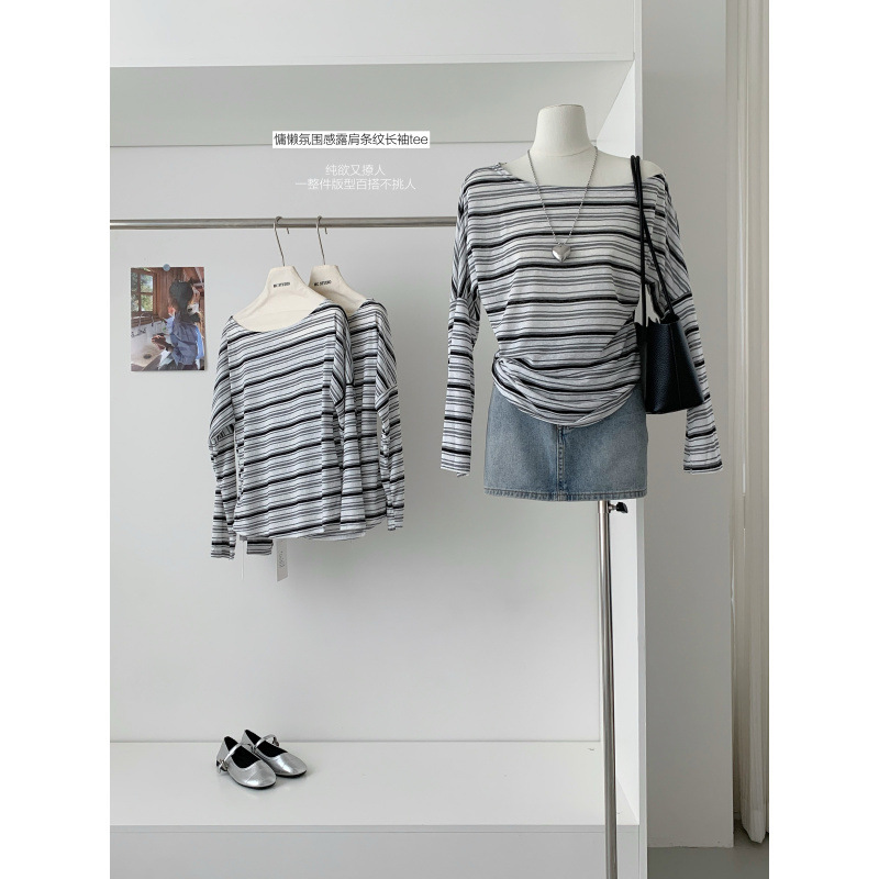 Light-Colored Striped Girlfriend-Style Long-Sleeve T-Shirt for Women, Textured, Waist-Cinching, Slimming, Casual and Versatile Top