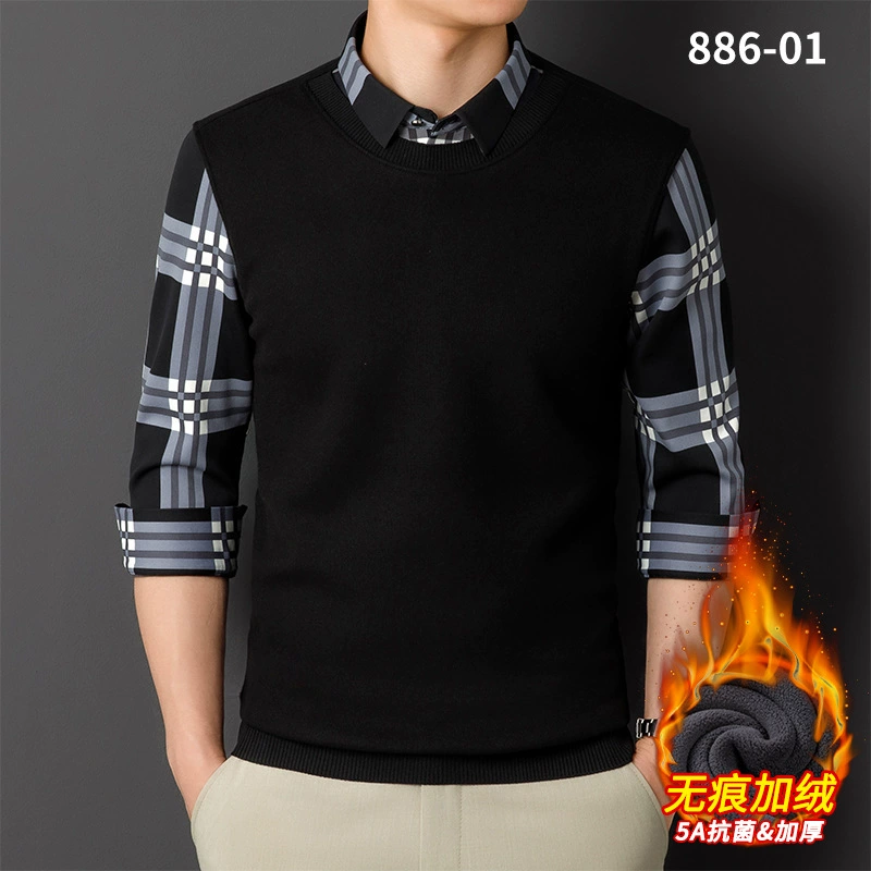 Мужская теплая рубашка-свитер 2025 года, имитация двухслойного пуловера, на флисовой подкладке, утолщенная, деловой повседневный стиль, бесшовная.