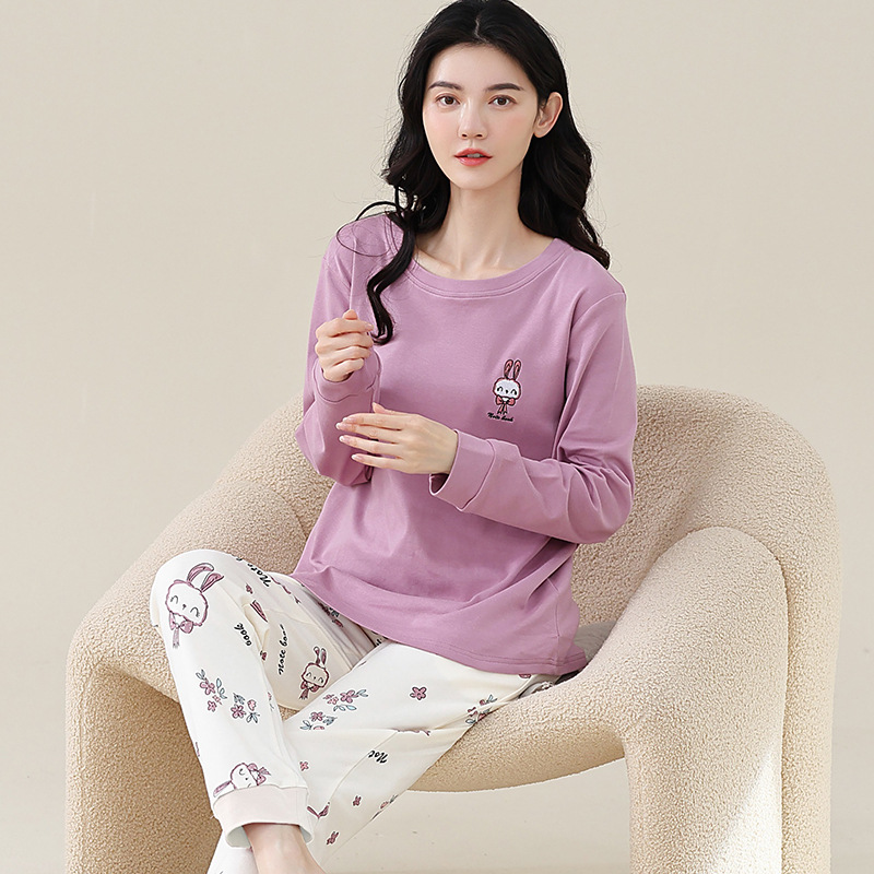 봄 가을 여성용 새 잠옷, 순면 긴팔 바지, 귀엽고 달콤한 가정복 세트, 부담 없이 입을 수 있다