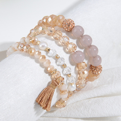 Korean Style Fashion Elastic Cord Multi-Strand Beads Lady Bracelet Set Retro Bohemian Fringe Pendant Jewelry for Women