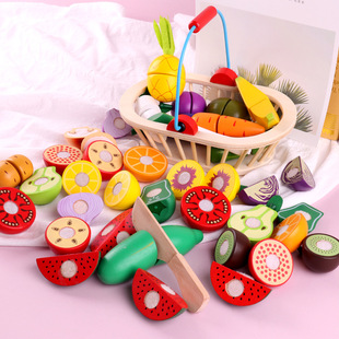 Young Children's Wooden Magnetic Cut Fruit and Vegetable Basket Cut and Cut Happy Baby Cut and Watch Home Cut Toys Wholesale