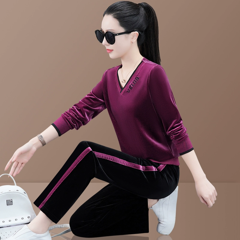 Бархатный осенний модный спортивный костюм, набор для отдыха, v-образный вырез, западный стиль