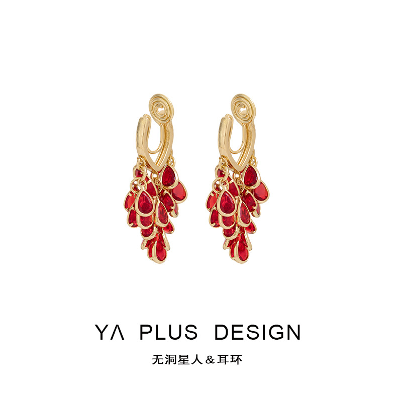 Retro rojo goteo mosquito bandeja personalidad abrazadera pendientes de cristal lingüizo estilo chino elegante sin agujeros de orejas pendientes