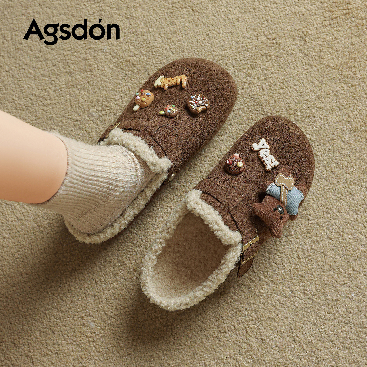 Antiguo león Dengjia veludo Bocken zapatillas para mujeres 2026 nueva primavera un pie agujero agujero zapatillas de pelo