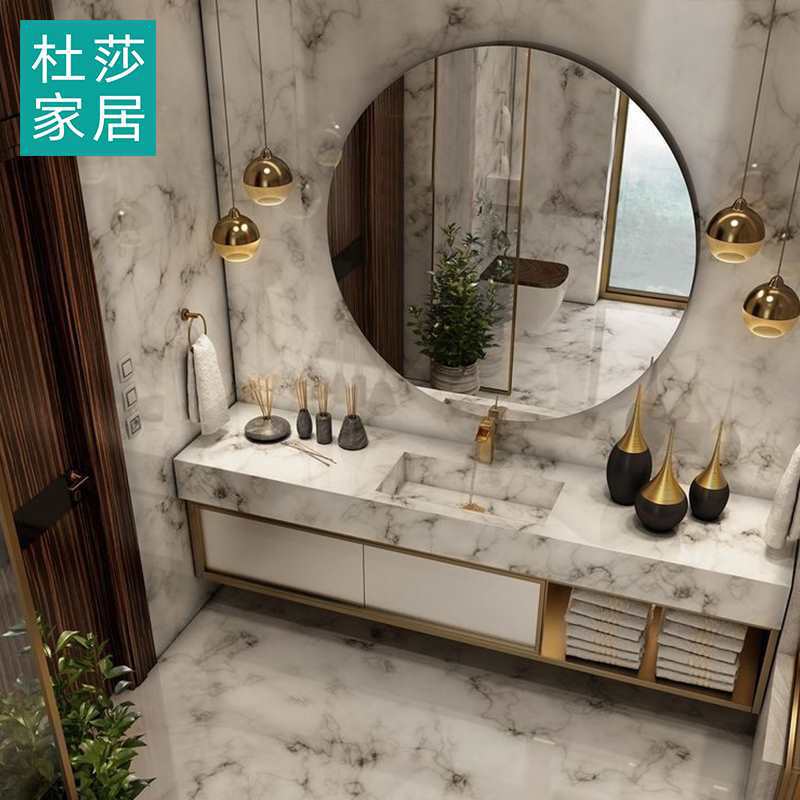 轻奢法式酒店风实橡木岩板陶瓷一体洗漱手台双盆组合卫浴室柜