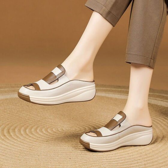 2024 Spring and Summer New Foreign Trade Sandals Women's Soft Leather Baotou Women's Shoes Platform Bottom Color Matching Strap Buckle Edge Trade Cross-border
