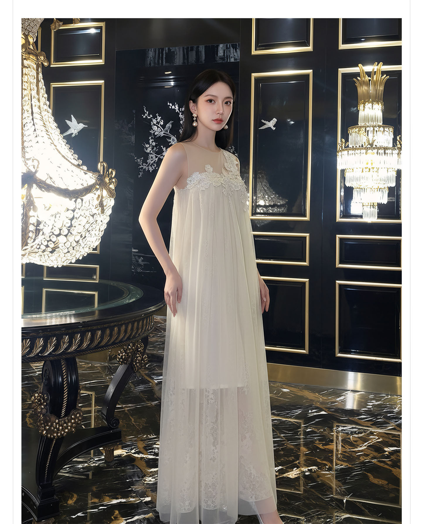 Đầm maxi nữ thắt eo ren hoa nổi lãng mạn phong cách nghỉ dưỡng — màu trắng ngà chi tiết 10