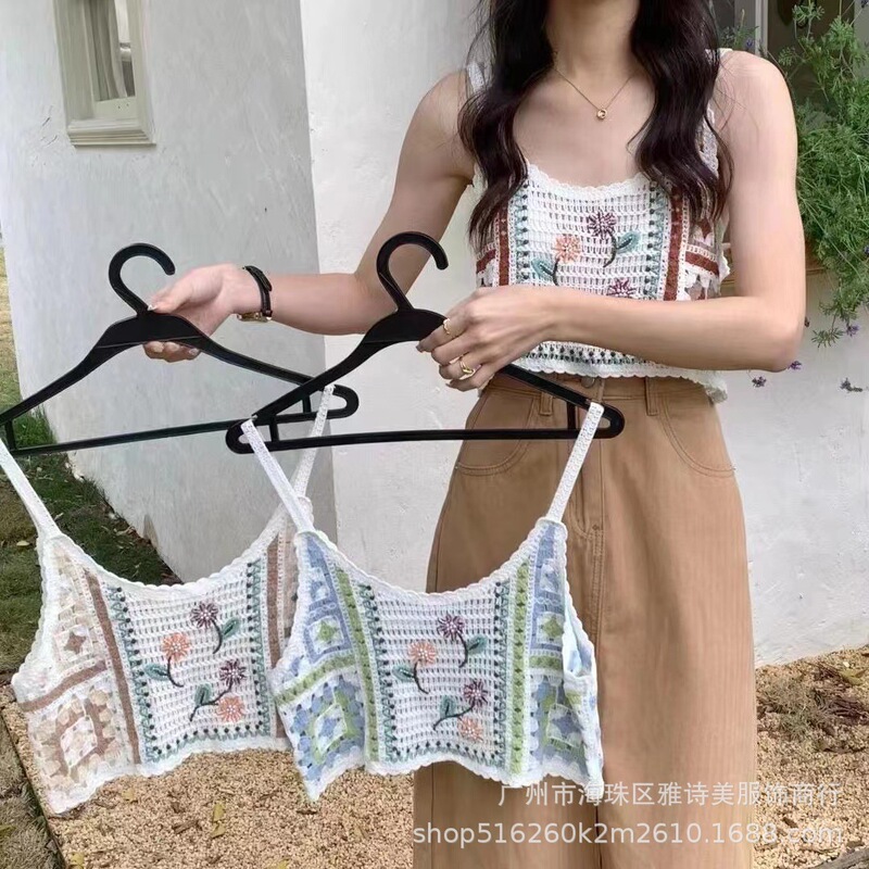 Retro floral hollow-out knitted camisole women's autumn new ethnic style sleeveless short outer top fashion