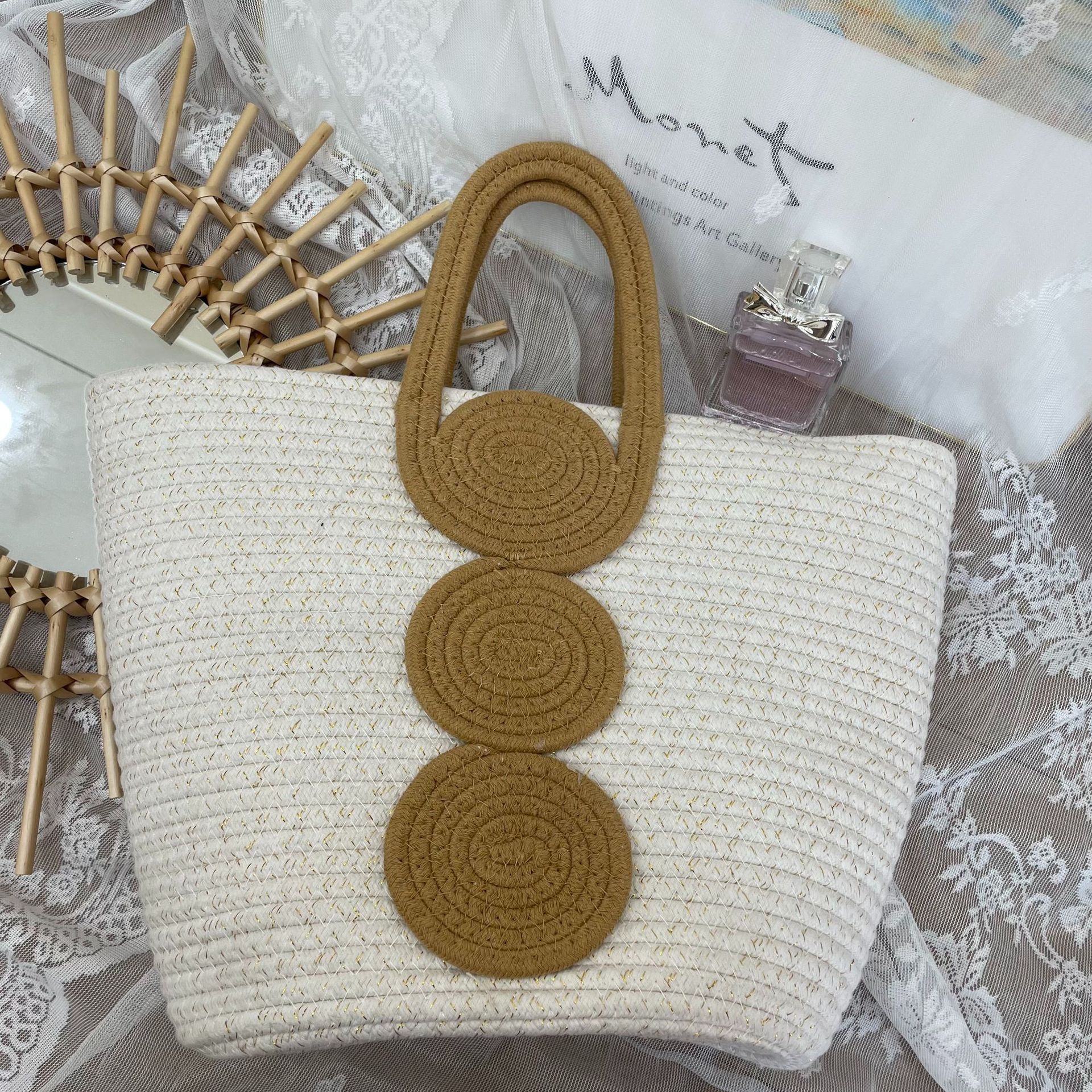 Weave Fashion Element Zipper Closure Type Women's Cotton Rope Color Block Vacation Beach Streetwear Weave Bucket Zipper Straw Bag