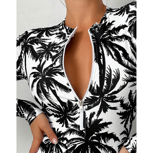 2024 New European and American Printed Long-sleeved One-piece Swimsuit Women's Zipper Conservative Belly Covering Bikini Beach Swimming Suit 