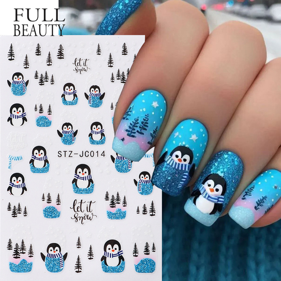 Cross-Border New Nail Art Stickers Winter Christmas Cartoon Penguin Glitter Blue Black Christmas Tree Adhesive Nail Stickers