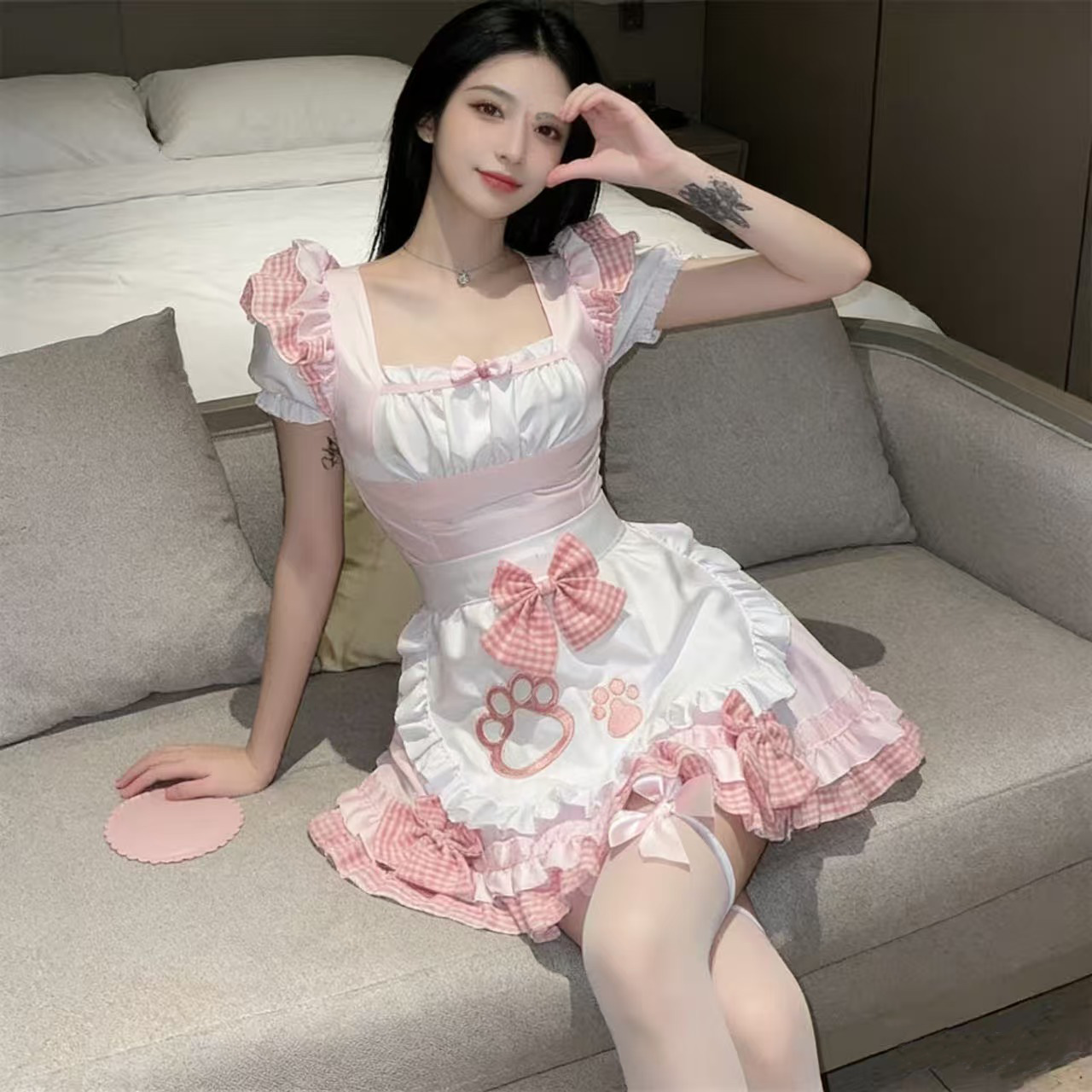 Valentine's Day Sweet Cat Claw Maid Costume Cos Pink Lolita Pure Desire Dress Japanese Style Cute Sweet Suit