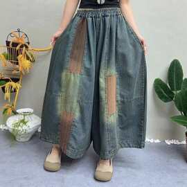 2026秋新品 复古拼接牛仔阔腿裤女 松紧腰宽松显瘦做旧大码九分裤
