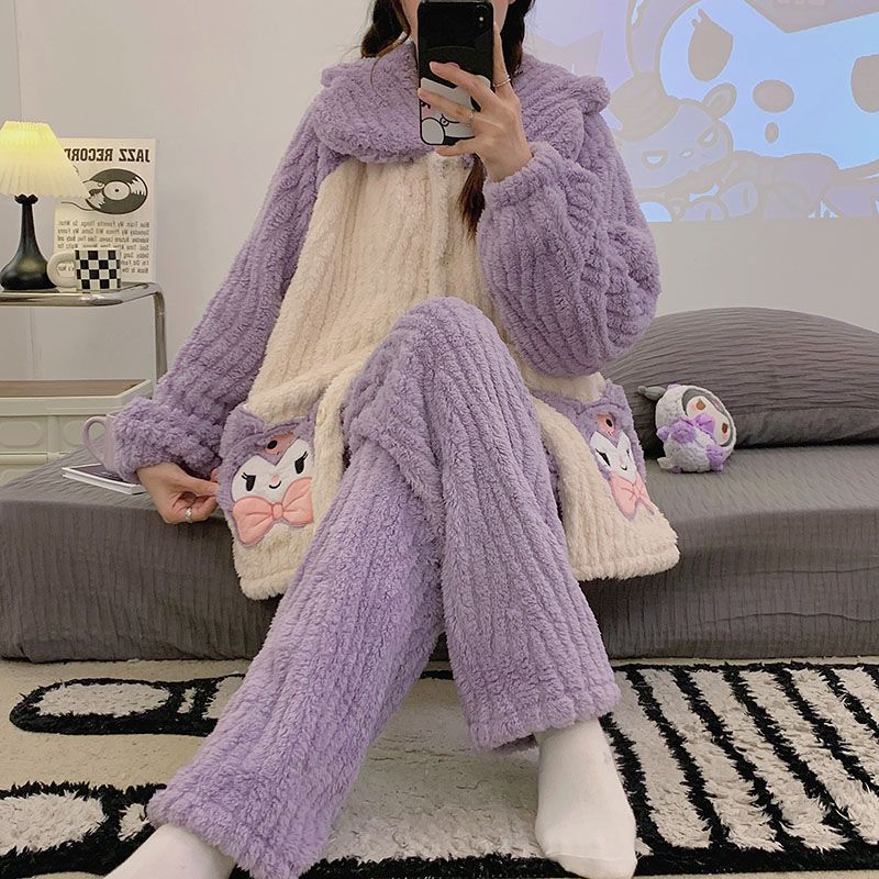 Otoño y invierno pesado abrigo pijama de mujer manga larga pantalones largos sueltos coral terciopelo dibujos animados ropa de casa damas terciopelo conjunto