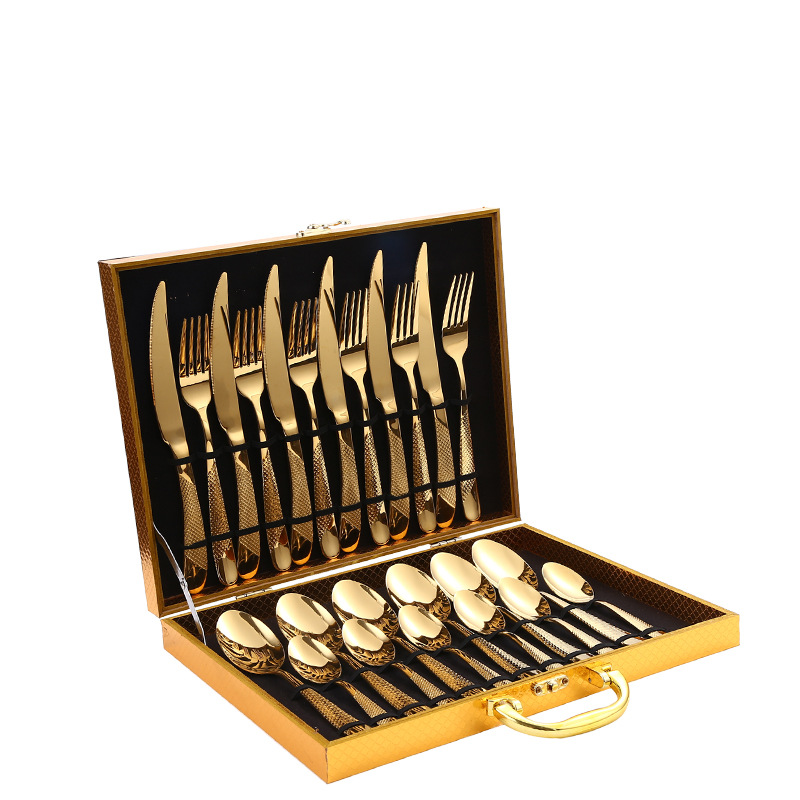 Amazon TikTok vajilla de acero inoxidable 24 piezas traje estrella diamante cuatro piezas principales cuchillo de comida occidental, tenedor y cuchara caja de regalo de oro