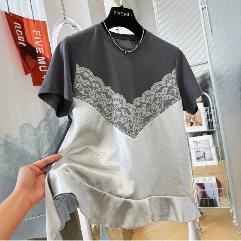 Plus Size 150kg French Lace Patchwork Ruffle Fake Two-Piece Short-Sleeve T-Shirt for Women, Summer Loose Fit