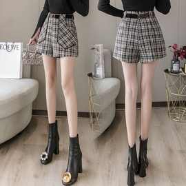 格子毛呢短裤女2025冬季新款高腰韩版显瘦百搭休闲阔腿裤外穿靴裤
