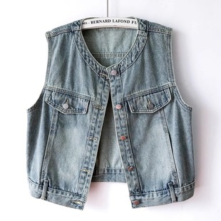 European 2024 Spring and Autumn New light blue Round Neck Denim Vest Women's Short Loose Sleeveless Jacket Waistcoat